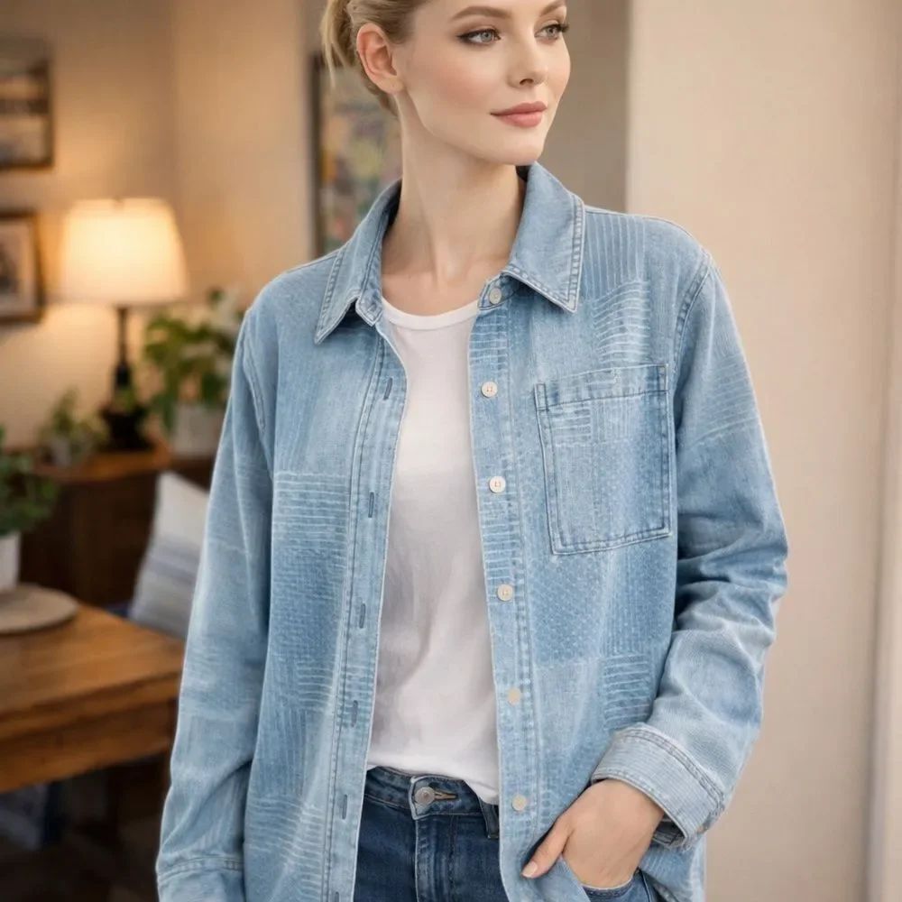Bagatelle denim Shacket Long sleeve shirt multi print patchwork print brand Med